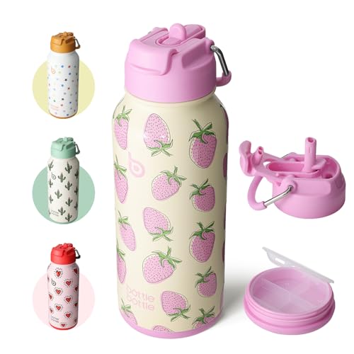 bottlebottle Bottle Bottle Stainless Steel Water Bottle 1 Litre with Straw - Leak-proof Insulated Bottle for Sports & Gym with Pill Compartment BPA-Free Double-Walled (Sweet Berry)