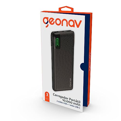 Geonav Power Bank, Carregador Portátil Universal 10.000mAh, 2 portas USB + 1 porta USB-C, Led Indica