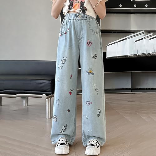 Girls 𝗬2K Graphic Jeans Cute Print Baggy Elastic High Waisted Straight Pant Teen Fall Loose Wide Leg Denim Pants3