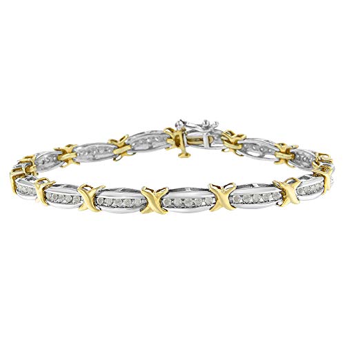 Original Classics Two-Tone 10K Yellow Gold over .925 Sterling Silver 1.0 Cttw Diamond Channel Set Tapered & X-Link 7" Tennis Bracelet (H-I Color, I2-I3 Clarity)