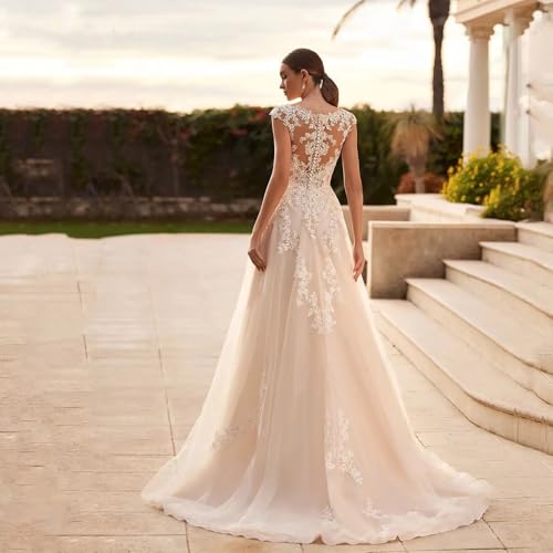 V Neck Wedding Dresses for Bride 2025 Plus Size Tulle A-Line Lace Applique Long Bridal Gowns with Train4