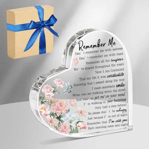 ORIGACH Rose and Butterfly Remember Me Heart Memorial Gift Acrylic Sympathy Condolence Gift Remembrance Gift for Loss of Loved One Funeral Graveside Centerpieces 10x10cm