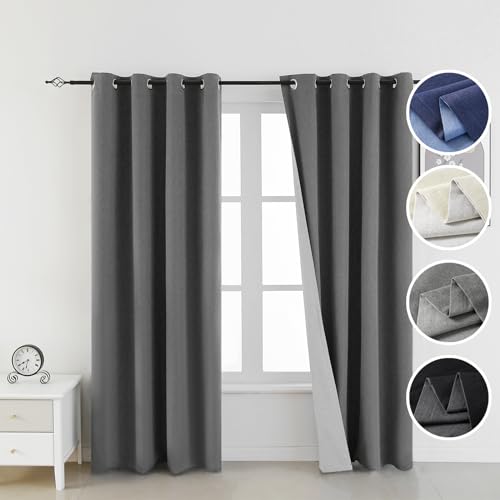 FEBSIXTH 100% Grey Linen Blackout Curtains for Bedroom,Double Layer Usable Room Darkening Curtains 84 inches Long,Black Out Curtains for Living Room,Bedroom Linen Curtains Blackout,52 Wide,2 Panels