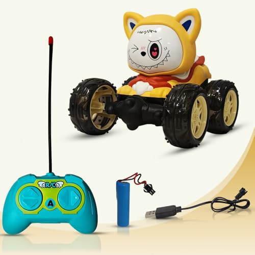 Image of NHR 360 Rotating Stunt RC Car for Kids and Children, Remote Control Rechargeable Car with Lights, Music, 180 Flips, 360 Spins, Durable Indoor & Outdoor Toy for Ages 3+ (Yellow)