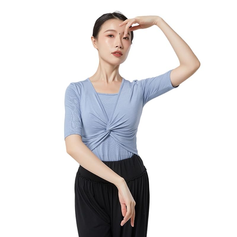 HEARTTOUCH Women Ballet Wrap Top Modern Dance Yoga Shirts Workout T Shirt Slim Fit Gym Tops Sport Pullover Shirts (B Blue,Medium)