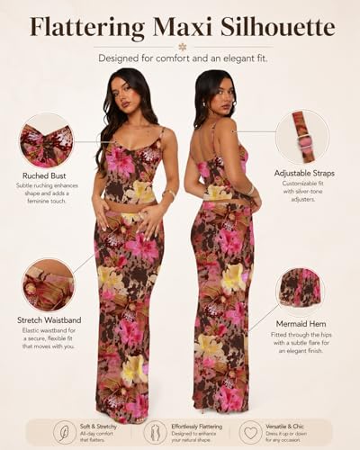 Image of Two Piece Skirt Set for Women - Sexy Sleeveless Spaghetti Strap Pleated Tank Top Maxi Long Skirts Sets