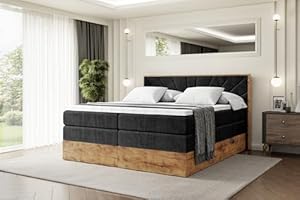ALTDECOR Boxspringbett mit Matratze und Lattenrost, Topper, Polsterbett mit Bettkasten, Bett mit Stauraum H3- und H4- Matratze, Doppelbett, Springboxbett -LOLLI6 KING-200x200 - Schwarz Casablanca