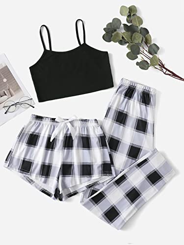 Milumia Women's 3 Pieces Pajamas Cami Top And Plaid Shorts & Pants Pj Sets Sleepwear Black And White Medium #TOP2