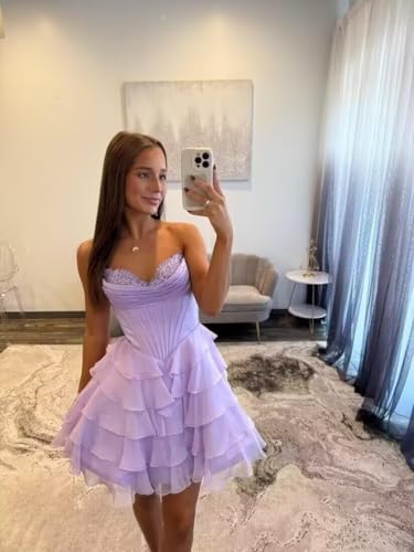 ForElise Strapless Satin Homecoming Dresses for Teens Tiered Ruffles Corset Short Prom Dress A Line Cocktail Party Gown3