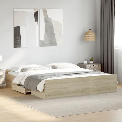 Homgoday Bettgestell mit Schubladen Holzbett Bettrahmen Einzelbett Doppelbett Bettgestell Modern Gästebett Jugendbett für Schlafzimmer Gästezimmer Sonoma-Eiche 180x200cm Holzwerkstoff