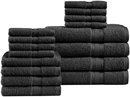 Luxurious 16 Piece 600 GSM 100% Combed Cotton Bath Towels Sets for Bathroom, Premium Quality Bathroom Towel Sets, Absorbent,Towels Large Bathroom (4 Bath Towels, 4 Hand Towels, 8 Wash Cloths) - Black