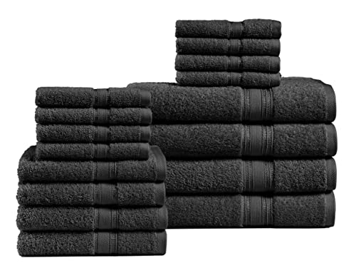 Luxurious 16 Piece 600 Gsm 100% Combed Cotton Bath Towels Sets For Bathroom, Premium Quality Bathroom Towel Sets, Absorbent,Towels Large Bathroom (4 Bath Towels, 4 Hand Towels, 8 Wash Cloths) - Black #TOP26
