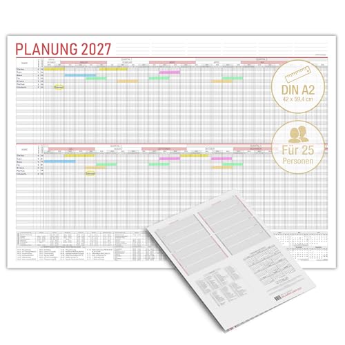 TOBJA Urlaubsplaner 2027 A2 für 25 Mitarbeiter Wandkalender mit Ferienkalender DE & AT Feiertage & Jahresübersicht dickes Papier | Personalplaner Dienstplan Urlaubskalender 2027