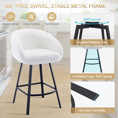 Image of Zesthouse Swivel Counter Stools Set of 2, 26 inch Modern Bar Stools for Kitchen | Barrel barstools with backs & arms, upholstered black sherpa fabric, metal stool chairs for kitchen island, easy to install