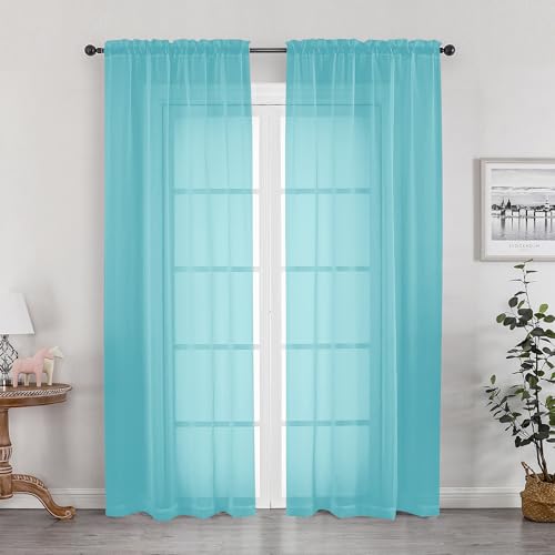 Image of OWENIE Sheer Aqua Curtains for Bedroom Living Room 78 Inches Long 2 Panels Set, Soft Solid Light Filtering Sheer Curtain Rod Pocket Clear Drapes for Window Sliding Door, Aqua, Each 42 x 78 Inch