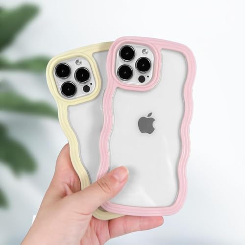 Image of GoldKart iPhone 12 Pro Max Case Wavy Edge Clear Back Design, Anti-Slip Grip Cute Wave Curly Frame Shape Shockproof Soft TPU & Hard PC Bumper Protective Phone Case Cover for Women Girls - Pink