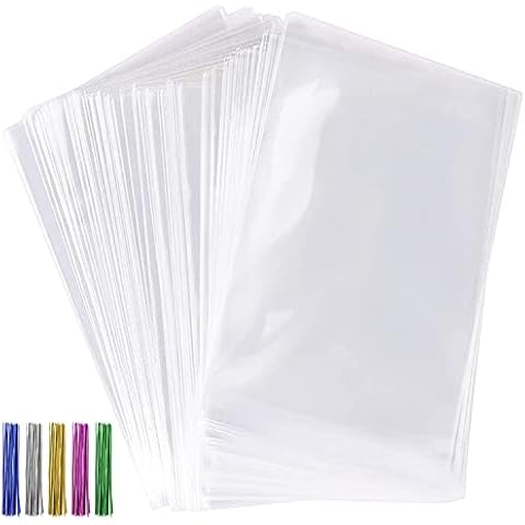 Tecbeauty 600pcs Cellophane Bags Kit-300pcs 3x4 inch Clear Cellophane Treat Bags Cello Cookie Bag, 300pcs Colors Ties for Wedding Birthday Party Favor Gift Packing Cover
