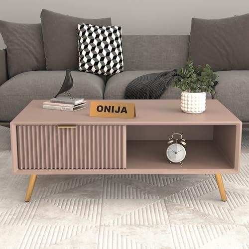 Image of ONIJA Modern Coffee Table for Living Room | HDMR Premium Wood Center Table with Storage Shelf | Matte Finish Coffee Table | Wooden Tea Table with Sturdy Legs (Mocha Beige)