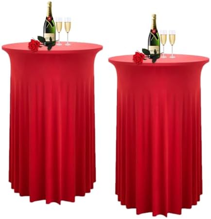 REWOMC 6 Packs Round Cocktail Table Skirt 32"x 43" Spandex Stretch Cocktail Tablecloth With Wavy Drapes, Beige Spandex Fitted High Top Table Covers For Wedding Bar Party Birthday Banquet Tables