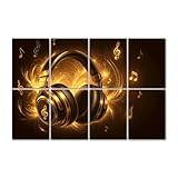 8 Pack Art Acoustic Panels Music Gold Metal Microphone Headset Musical Note Golden Headphones Self Adhesive Decorative Soundproof Wall Panels Sound Absorbing Panel 48'x32' for Office Home Studio