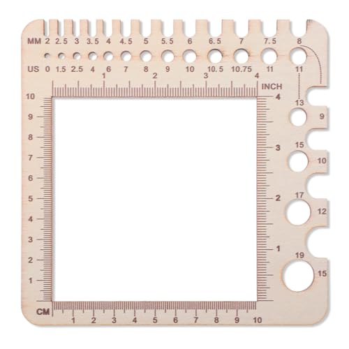 XLIUAX Wooden Rulers, Crochet Stitch Counter Spinner Yarn Measure Needle Gauge Swatch Ruler for Knitting Crochet Gauge Measuring Tool Poplar Square Measuring Tool Multi-Size Holes for Needles(A)