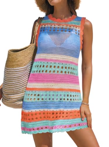 popvil Womens Swimsuit Crochet Cover Up Sleeveless Color Block Knit Bathing Suit Swimwear with Tie Back 2026 Blue Stripe Medium