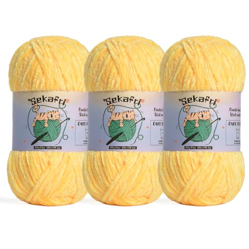 Image of 3 Pack of 300g (590yds) Fuzzy Chenille Yarn for Crocheting,Fluffy Amigurumi Crochet Yarn for DIY Craft /Hat /Clothes, Soft Velvet Baby Blanket Yarns(3 Light Yellow)
