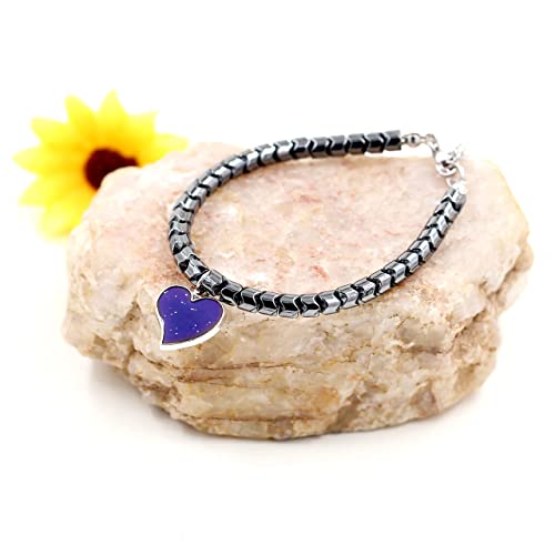 Image of A Pair of Gear-shape Hematite Bracelets with Color Changing Thermo Sensitive Mood Heart Charms, Couples Love Heart Bangles Gifts