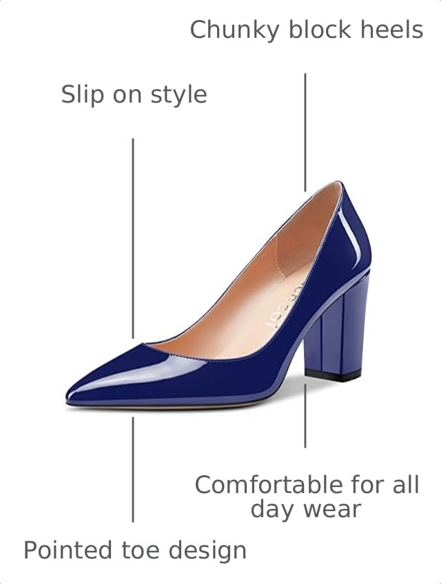 Image of Aachcol Women Pumps Pointed Toe Slip on Mid Heel Dress Office Chunky Block Heels Shoes 3 Inches
