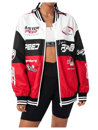 GORGLITTER Women's Racing Jacket Color Block Zip Up Varsity Jacket Oversized Letter Graphic Motorcycle Biker Coats