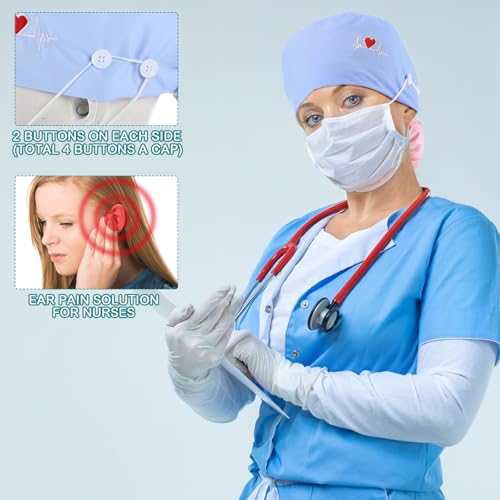 Image of 8 Pcs Satin Lined Scrub Caps, Nurse Hats with Buttons Sweatband, Adjustable Ponytail Surgical Caps for Women