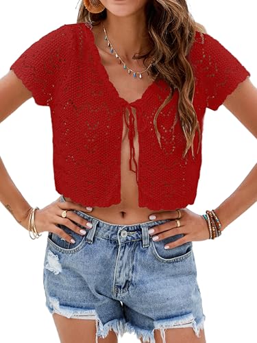 Image of Women's Crochet Shrug Knit Sweater, Short Sleeve Tie-Front Cropped Cardigan | Lightweight Open-Knit Bolero Tops, Cute Boho V-Neck, Styled Over Evening Dresses, Spring Summer Layering, Beach Cover-Up