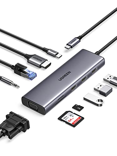 UGREEN Hub USB C, dongle USB-C 10 em 1 com monitor duplo 4K HDMI e VGA, Ethernet de 1 Gbps, PD de 100 W, 3 portas USB 3.0, entrada de áudio de 3,5 mm, slots para cartão SD/TF, adaptador multi