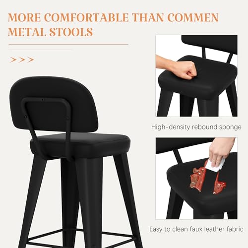 Image of Yongchuang 26 inch Bar Stools Set of 4, Black Faux Leather Counter Height Stools with Back Metal Legs Modern Upholstered Kitchen Island Bar Chairs