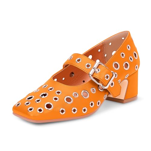 Women's Square Toe Mary Jane Pumps with Studded Metal Grommet Block Heel Buckle Strap Shoes