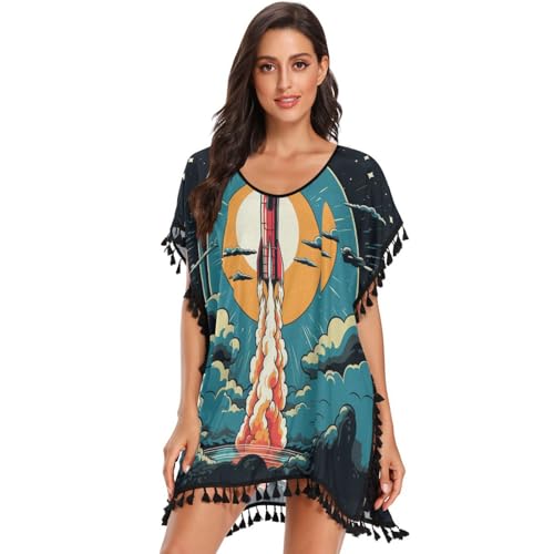 Cartoon Rocket Black Sky Women's Beach Cover Up Chiffon Tassel Swimwear Swimsuit Coverups for Girl
