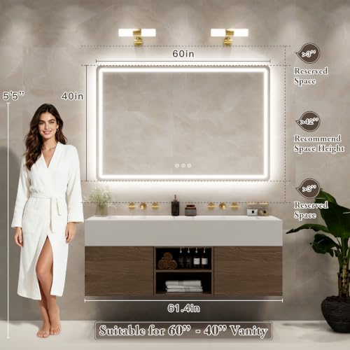 Image of Led Bathroom Mirror with Lights, Anti-Fog & Tri-Color Lighting - Wall Mounted Shaving Mirror with Touch Sensor, Waterproof Smart LED Vanity Mirror Tempered Glass Dimmable 60 inch x 40 inch