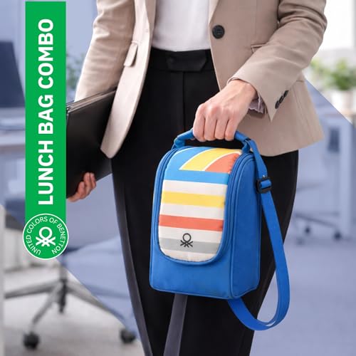 Image of United Colors of Benetton Lunch Bag Set with 3 Glass Containers | Insulated Leakproof Tiffin Bag for Office, School & Travel | Durable, Stylish, BPA-Free Food Storage Kit (Blue)