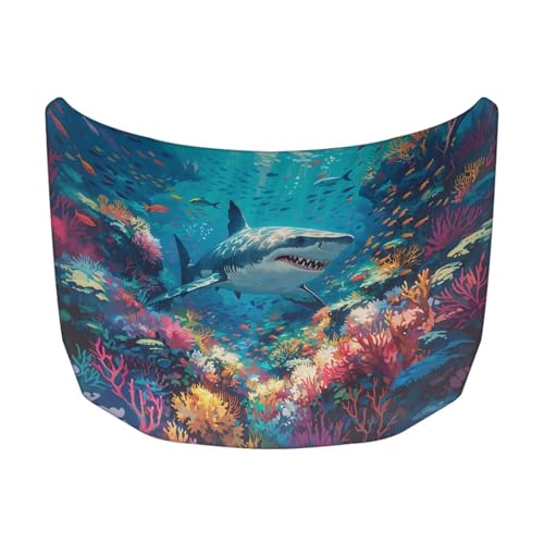 Image of Car Hood Cover for Compact Sedans SUV Trucks,Shark Theme 59x39 Inches Stretchable Auto Hood Wraps Vehicles Banner Automotive Exterior Accessories