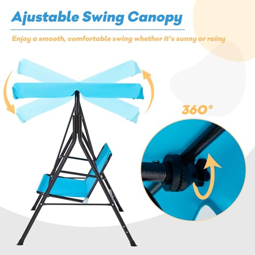 Image of 3 Seat Patio Swing, Outdoor Swing with Removable Cushions, Porch Swing with Adjustable Canopy for Backyard, Porch, Garden,Fabric Seat,(Lake Blue)