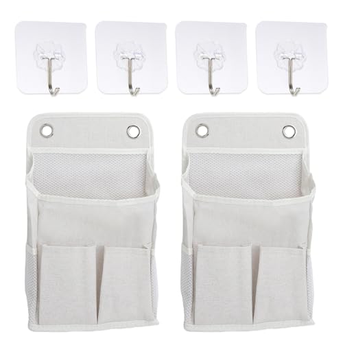 VOSSOT 2 Pochettes Murales en Lin avec 4 Crochets, Rangement Suspendu Sans Perçage, Poches en Maille et Latérales Organisateur Mural pour Salle de Bain,...