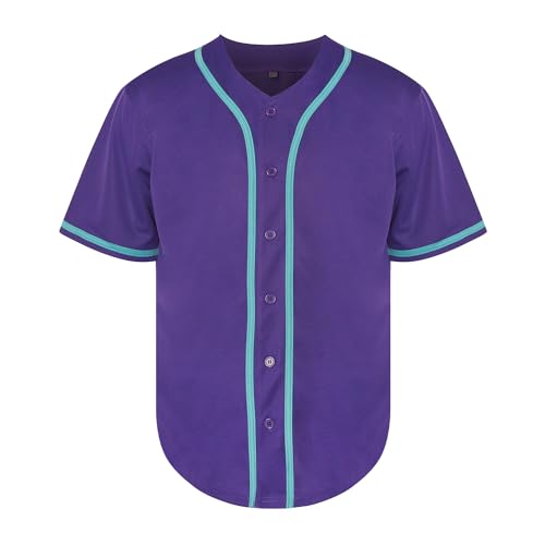 Camiseta de béisbol para hombre de manga corta con botones, uniforme deportivo básico color púrpura con cinta azul, talla S