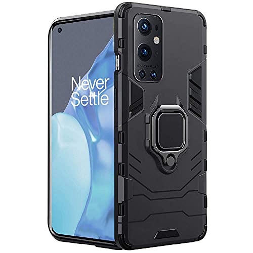 Image of WOW IMAGINE Shock Proof Back Case Mobile Cover for 1+ OnePlus 9 Pro 5G (Armor | Hybrid PC + TPU | Full Protection with Ring Holder Kickstand | Carbon Black)