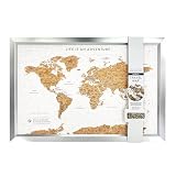 Splosh Mappa del mondo di viaggio con spilli, in sughero bianco con cornice argentata, misura media, da parete, lista dei secchi con 100 puntine per segnare avventure passate e future, 54 x 77 cm