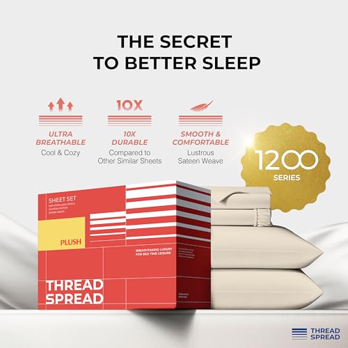 Image of THREAD SPREAD 100% Egyptian Cotton Sheets Queen Size - 1200 Series 4 PC Queen Sheet Set Egyptian Cotton, Sateen Weave Luxury Sheets Queen Size, High Thread Count Sheets, 17 inch Deep Pocket - Beige