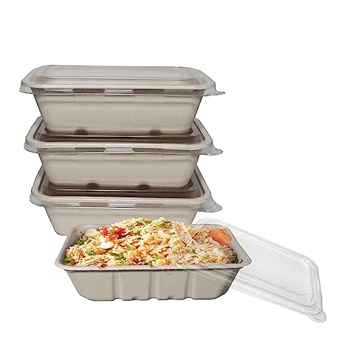 EcoQuality 22oz Disposable Bowls with Clear Lids - Rectangular Compostable Sugarcane Fiber Biodegradable Paper Bowls Eco-Friendly Take Out Food Storage Containers, Microwave Safe, Meal Prep (25)