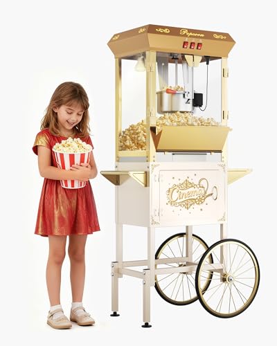 Image of 16 oz Upgraded Commercial Popcorn Machine with Cart, Large Popcorn Machine Makes Up to 80 Cups, Movie Theater Pop Corn Machine with Easy-Rolling wheels & Stainless-Steel Kettle, Beige&Gold