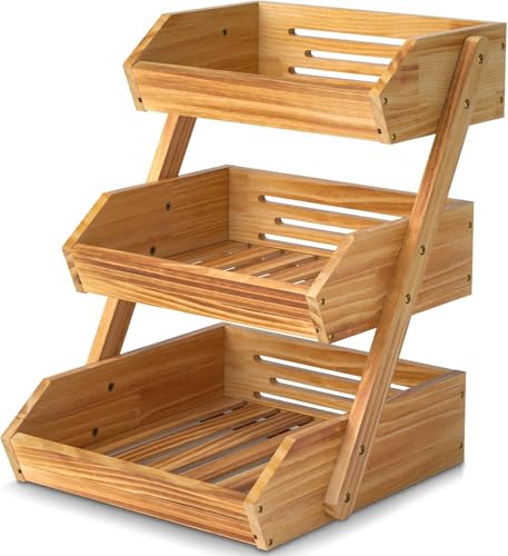 Calm Cozy Support de Corbeille à Fruits en Bois à 3 étages, Support à Panier de Fruits Rangement en Bois pour Les légumes pour Plan de Travail de Cuisine...