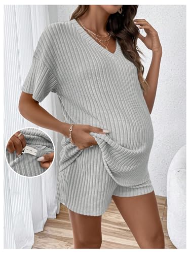 Image of MakeMeChic Women's Maternity 2 Piece Sets Summer Rib Knit Top and Short | Mama Clothes,Lounge,Short Sleeve Tee Shirt,Pregnancy Pajamas,Bump Friendly Outfits