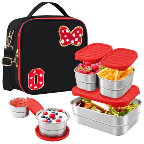 Insulated Lunch Box Set, Bow Mouse Preppy Initial Lunch Bag With Stainless Steel Bento Box, Cooler Snack Food Containers Back To School Gift Girls Teens Kid Women For Picnic Park Work Travel Black O